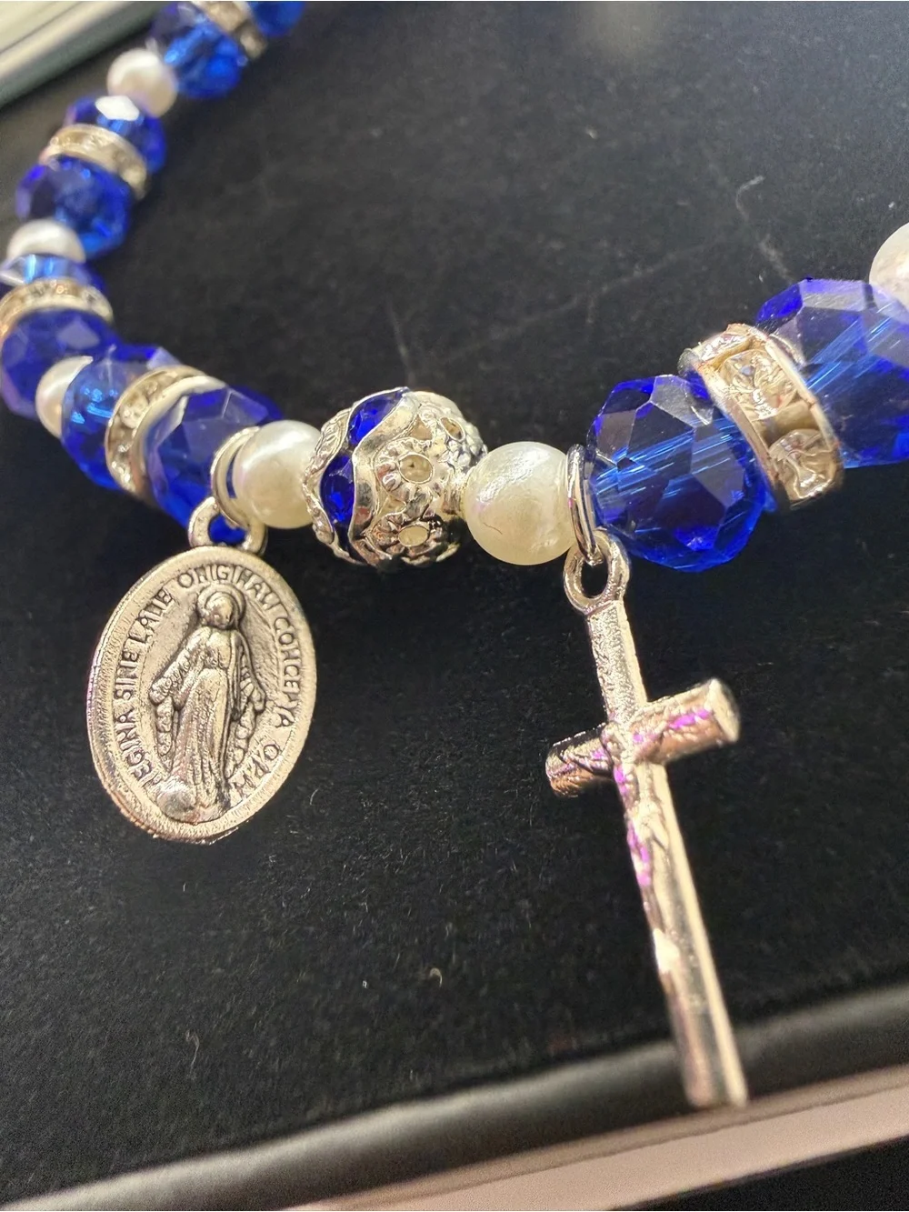 Women’s Blue Crystal Rosary Charm Bracelet Stretch One Size Virgin Mary Cross OS